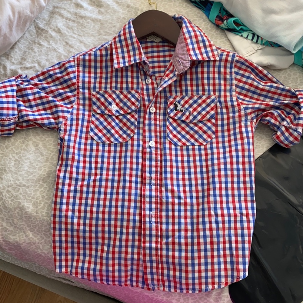 Blue red and white plaid shirt size for 4 boys.